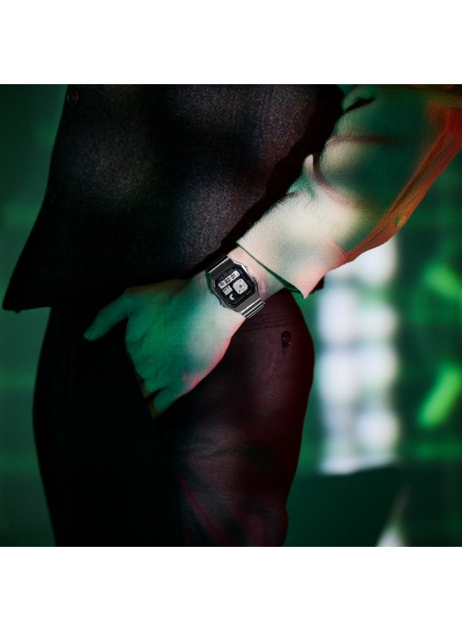 كاسيو ساعة كاسيو فينتج الرقمية A130WE-7ADF باللون الفضي، سوار ستانلس ستيل، توقيت عالمي، إضاءة LED، كرونومتر ومؤقت - Image 4